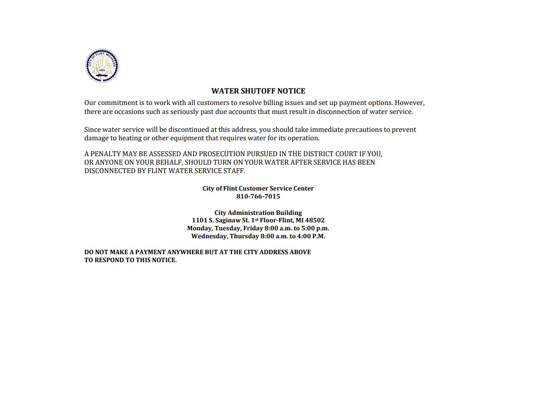 USA City of Flint Michigan water utility bill shutoff notice, Word and PDF template, version 3